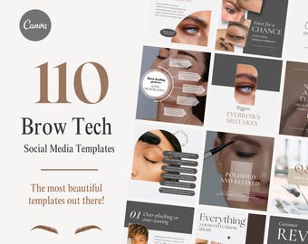 May include: A collection of 110 social media templates for brow technicians. The templates feature images of eyebrows and text about brow lamination, brow tinting, and common eyebrow mistakes. The text "Brow Tech" and "Social Media Templates" is displayed in a brown font.