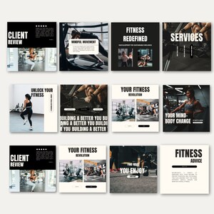 fitness instagram posts. Aesthetic designs, and ideas for monthly content. Customizable canva templates.