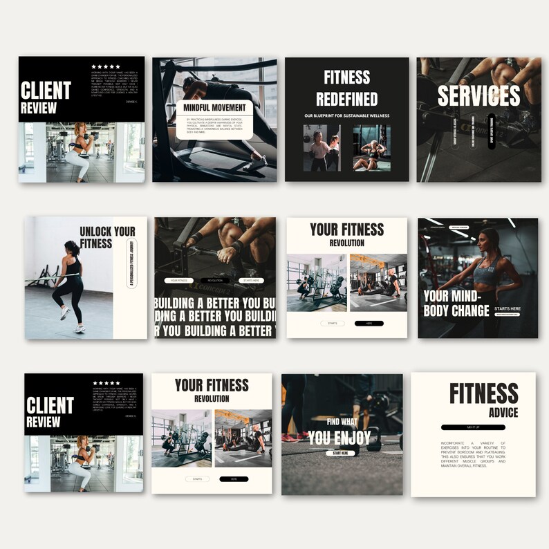 fitness instagram posts. Aesthetic designs, and ideas for monthly content. Customizable canva templates.