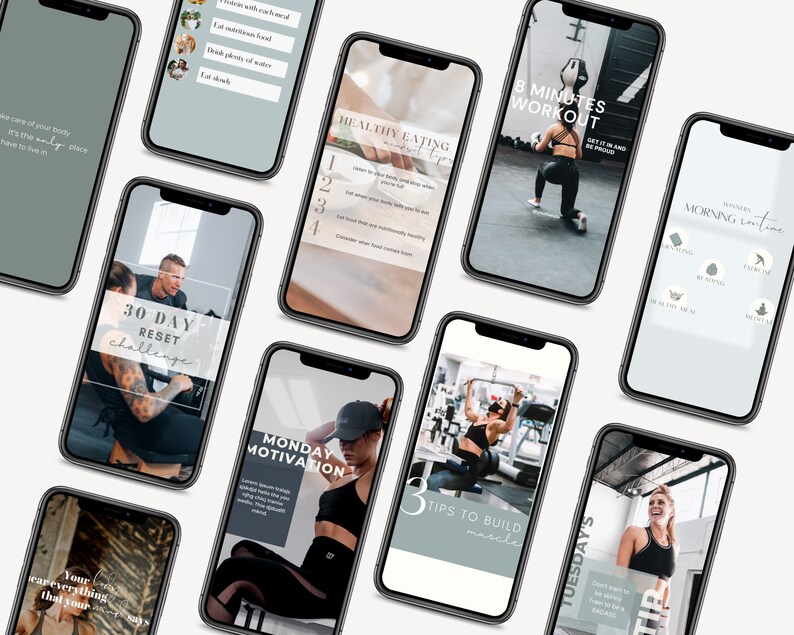 Fitness Instagram-paket Inlägg om sociala medier Fitnesstexter Innehåll för personlig tränare Inlägg om hälsosam livsstil Gymentusiast Canva-mallar bild 9