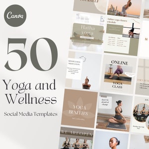 May include: A collage of 50 social media templates for yoga and wellness. The templates feature images of people doing yoga poses, text about yoga benefits, and a variety of colours and designs.