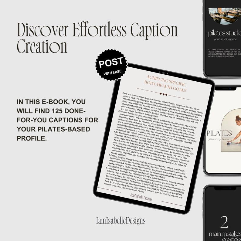 Effortless caption creation. It is an ebook that contains 125 done-for-you captions for the pilates-based profile.