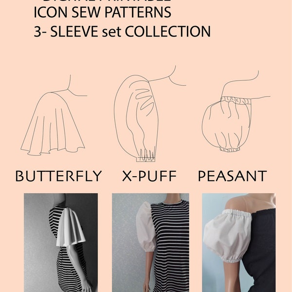 3  SLEEVE SET COLLECTION X-Puff Sleeve Butterfly Sleeve and Peasant Sleeve. Digital Patterns