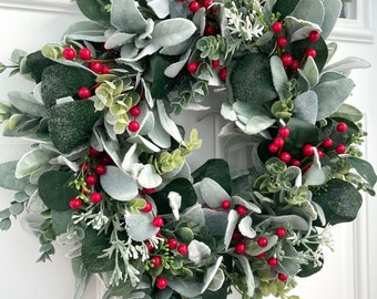 Red Berry Eucalyptus Wreath, Winter Lambs Ear, Front Door Wreath