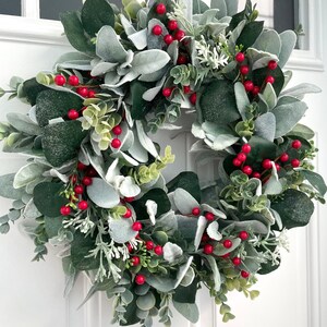 Red Berry Eucalyptus Wreath, Winter Lambs Ear, Front Door Wreath