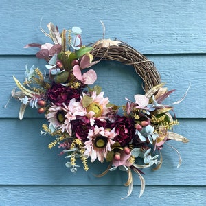 pink sunflower eucalyptus fall wreath, burgundy peony fall wreath, eucalyptus fall wreath, pink thanksgiving wreath, acorn fall wreath