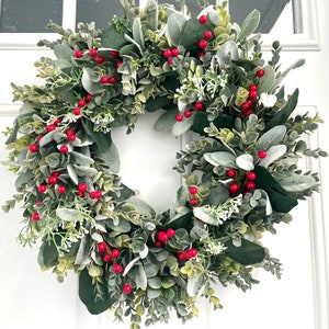 Red Berry Eucalyptus Wreath, Winter Lambs Ear, Front Door Wreath - Etsy