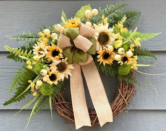 sunflower summer fall wreath, fern summer wreath, yellow summer wreath, everyday wreath, farm style wreath