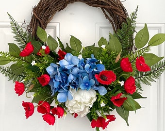Fourth of July wreath, Memorial Day hydrangea and fern summer patriotic wreath, red white and blue patriotic wreath, independence day wreath