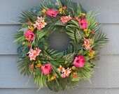 Pink and orange tropical summer wreath, pink Hawaiian wreath, palm summer wreath, pink summer wreath, plumeria flower wreath.