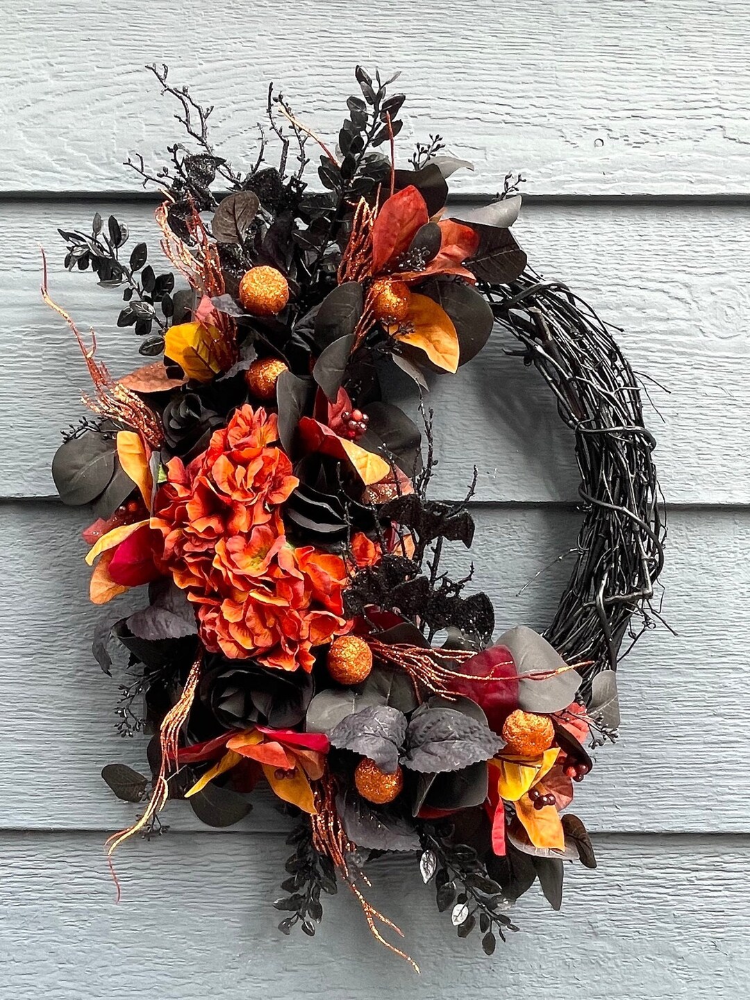 Black Bat Halloween Wreath Black Eucalytus Pumpkin Wreath Etsy