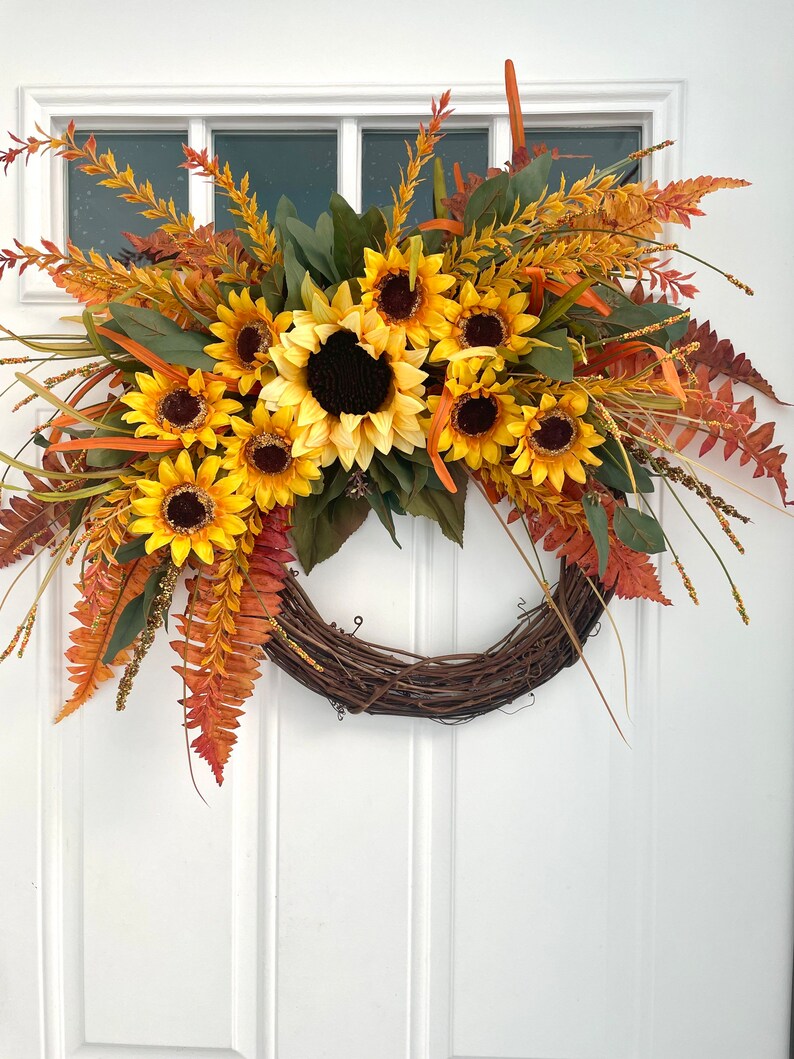 Sunflower Orange Fern Fall Wreath, Sunflower Eucalyptus Fall Wreath ...