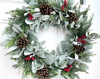 Lambs ear Christmas wreath for front door, red berry pine winter wreath, lambs ear and evergreen wreath, farmhouse Christmas wreath