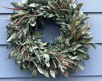 year round wreath for front door, greenery wreath, dark eucalyptus wreath, modern farmhouse wreath, everyday wreath, ruscus wreath
