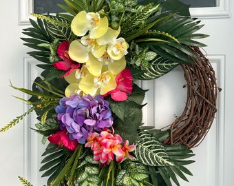 tropical orchid summer wreath for front door, plumeria wreath, Hawaiian hydrangea tropical wreath, pink hibiscus wreath, luau wreath