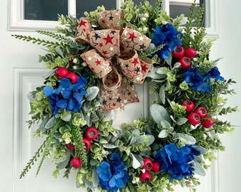 patriotic eucalyptus summer wreath, 4th of July wreath, memorial day wreath, red white blue wreath, Independence day wreath