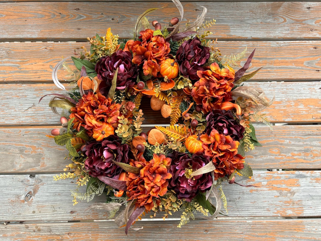 Orange Hydrangea Fall Wreath for Front Door, Burgundy Peony Fall Wreath ...