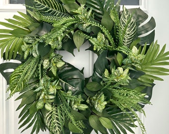 Tropical summer greenery wreath, year round wreath, everyday wreath, Hawaiian wreath, tropical wedding wreath, luau party palm wreath