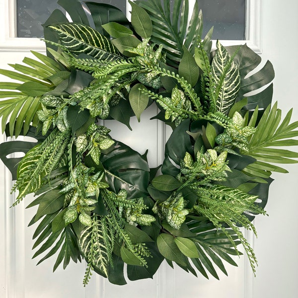 Tropical summer greenery wreath, year round wreath, everyday wreath, Hawaiian wreath, tropical wedding wreath, luau party palm wreath