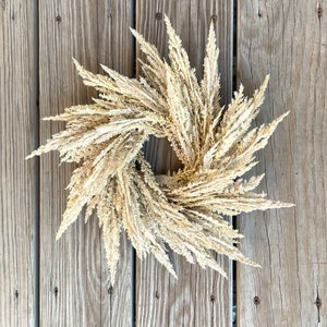 May include: A dried pampas grass wreath in a natural beige color. The wreath is made of dried pampas grass and is perfect for adding a touch of natural beauty to your home decor.