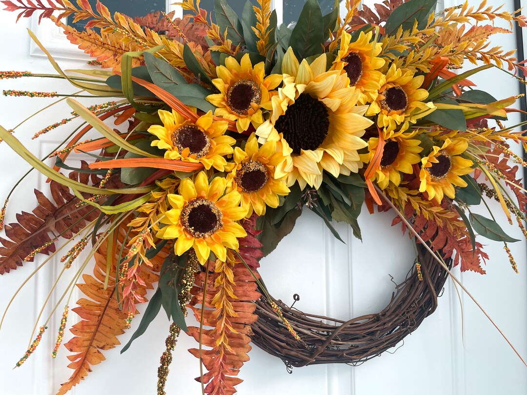 Sunflower Orange Fern Fall Wreath, Sunflower Eucalyptus Fall Wreath ...