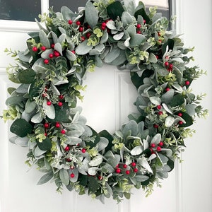 Red Berry Eucalyptus Wreath, Winter Lambs Ear, Front Door Wreath - Etsy
