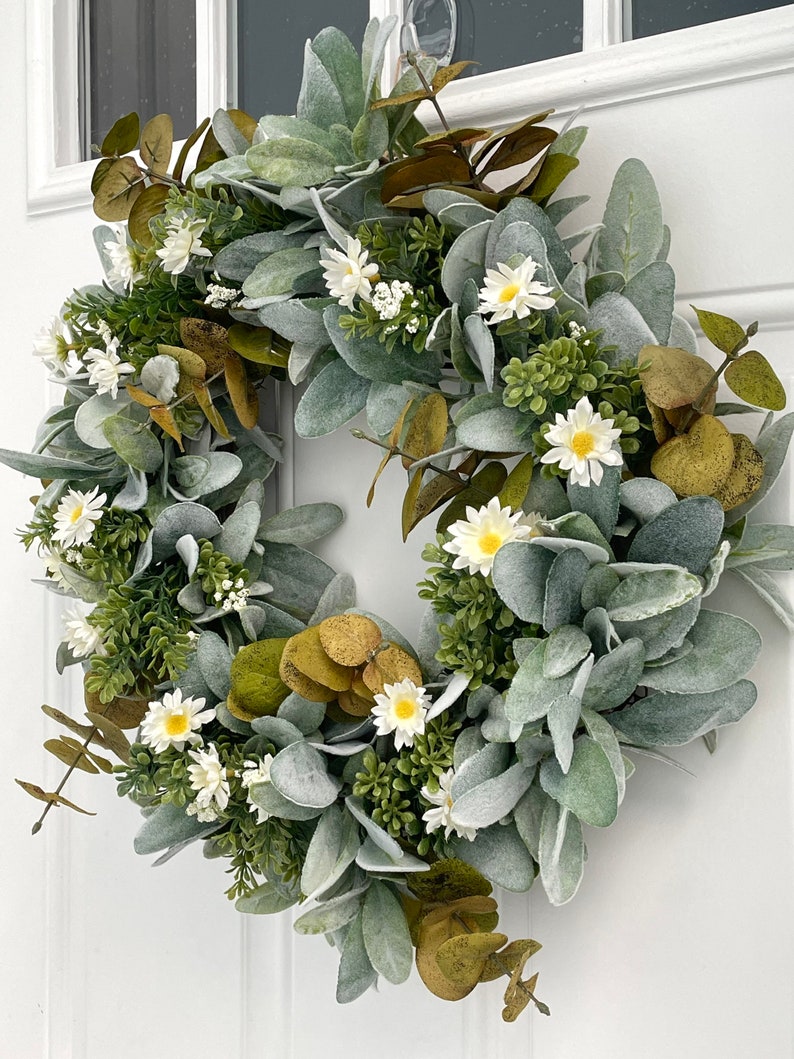 Eucalyptus and Lambs Ear Summer Fall Wreath, Daisy Summer Wreath, Lambs ...
