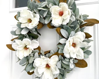 Magnolia and lambs ear wreath, lambs ear year-round wreath, magnolia spring wreath, farmhouse wreath, bridal wreath, summer lambs ear wreath