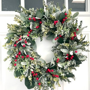 Red Berry Eucalyptus Wreath, Winter Lambs Ear, Front Door Wreath - Etsy