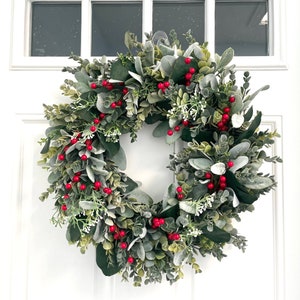 Red Berry Eucalyptus Wreath, Winter Lambs Ear, Front Door Wreath - Etsy