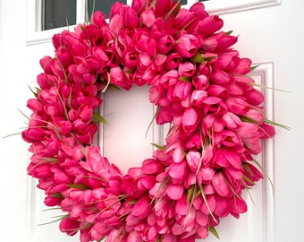 spring wreath, Easter wreath, pink tulips wreath, tulips wreath, pink wreath, housewarming gift, mothers day gift, summer wreath