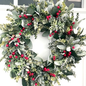 Red Berry Eucalyptus Wreath, Winter Lambs Ear, Front Door Wreath - Etsy