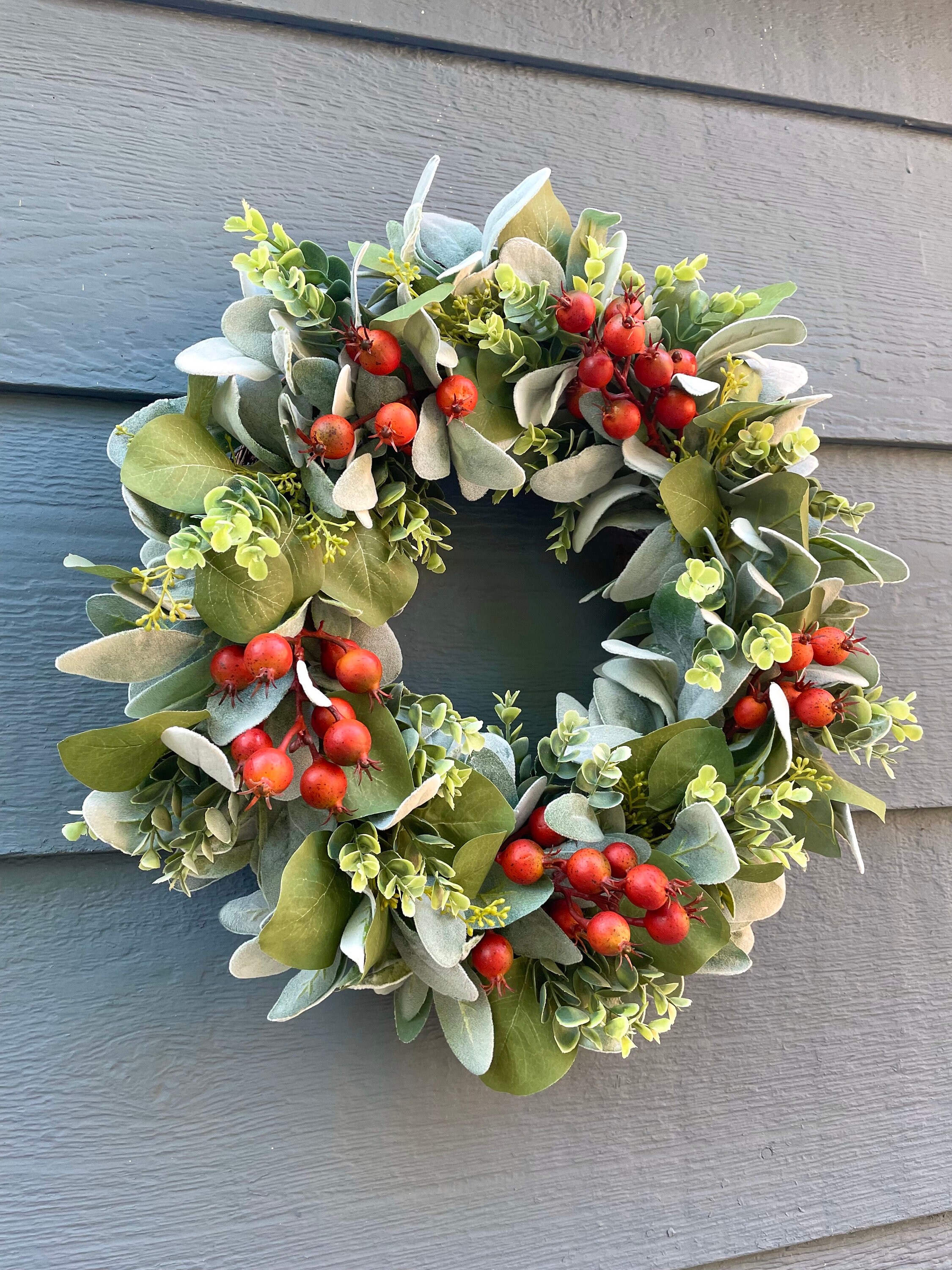 Orange Berry Eucalyptus Fall Wreath, Lambs Ear Eucalyptus Fall Wreath ...