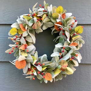 Orange eucalyptus fall wreath, orange berry fall wreath, lambs ear fall wreath, modern farmhouse fall wreath, eucalyptus berry wreath