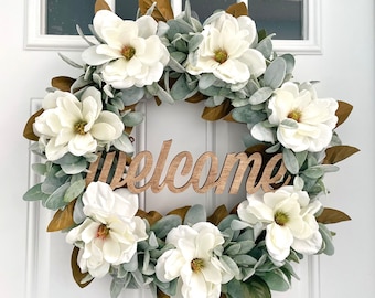 magnolia wreath, farm style wreath, lambs ear wreath, housewarming wreath, bridal wreath, welcome wreath