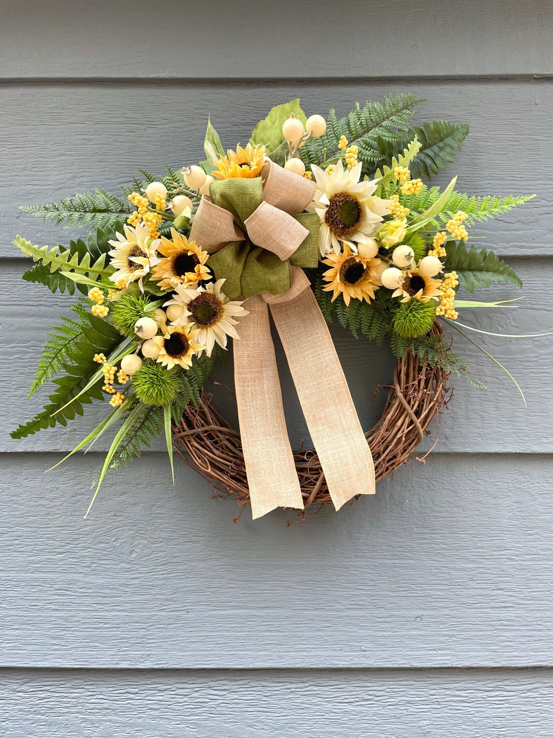 Sunflower Summer Fall Wreath, Fern Summer Wreath, Yellow Summer Wreath ...