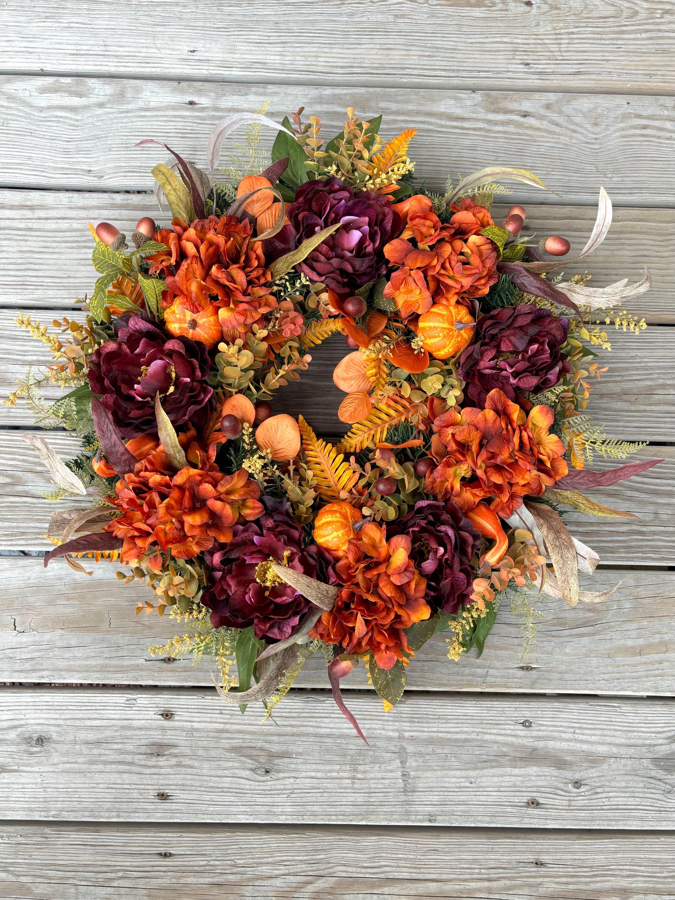 Orange Hydrangea Fall Wreath for Front Door, Burgundy Peony Fall Wreath ...