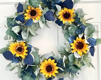 Lambs ear and sunflower summer wreath, summer blue eucalyptus wreath, blue and yellow summer wreath, sunflower wreath for front door