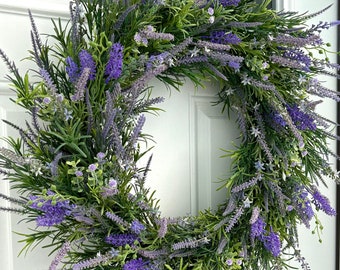 lavender wreath for front door,  Easter purple flower wreath, faux purple lavender wreath, modern farmhouse lavender wreath, everyday wreath