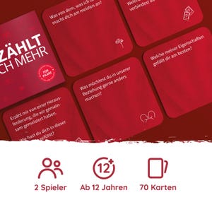 May include: A red box game for couples called "Z&auml;hlt Ich Mehr" with 70 cards. The box has a white heart icon and the text "F&uuml;r Paare". The game is for ages 12 and up.