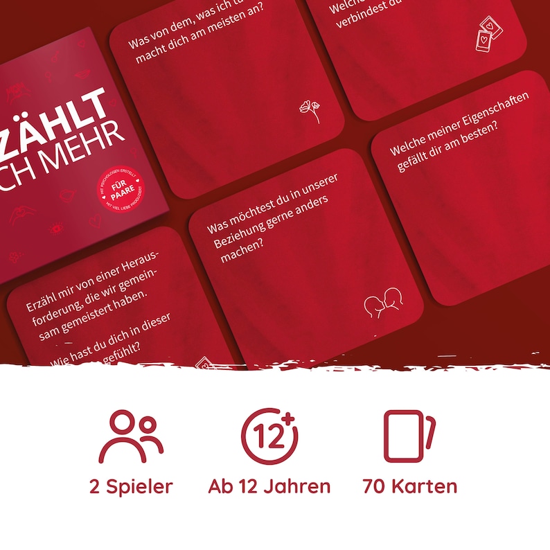 May include: A red box game for couples called "Z&auml;hlt Ich Mehr" with 70 cards. The box has a white heart icon and the text "F&uuml;r Paare". The game is for ages 12 and up.