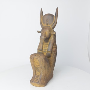 Vintage Block Statue of Hathor the Egyptian Goddess of Love, Fertility & Joy - Cow Figurine Wearing Sundisk