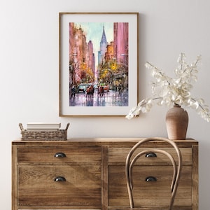 Paisagem urbana de Nova York, pintura original em aquarela
