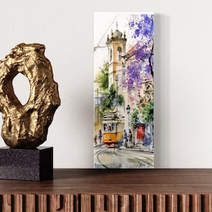 Lisbon Painting, Print on  stretched Canvas, Lisbon Jacaranda Tree, Tram