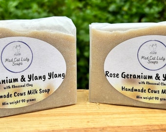 Rose Geranium & Ylang Ylang Handmade Cow's Milk Soap with Rhassoul Clay, Eco-Friendly, Natural Ingredients, Plastic Free Packaging, UK Made