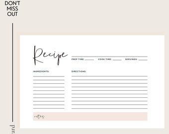 Puede incluir: Una plantilla de tarjeta de receta imprimible con la palabra "Receta" en una fuente manuscrita. La tarjeta tiene secciones para ingredientes, instrucciones, tiempo de preparación, tiempo de cocción y porciones. También hay una sección de notas en la parte inferior de la tarjeta.