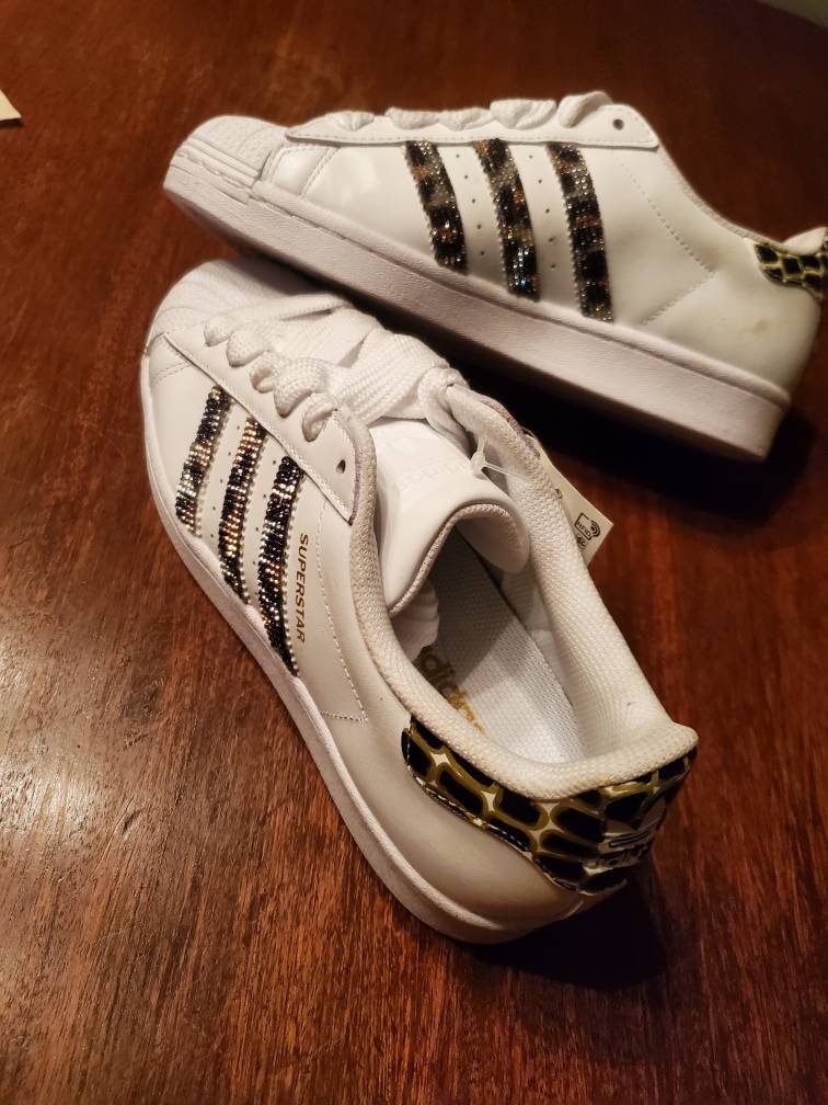 Womens Adidas Size 7 Superstar With Animal Print Bling Etsy