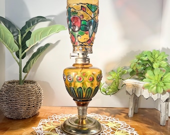 Vintage Amber Stained Glass Oil Lamp