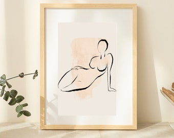 Woman Line Drawing | Abstract Line Drawing Print | Beige Decor | Artistic Female Body | Black White | Naked Print | Feminine Poster Line Art