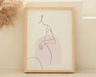 Woman Line Drawing | Abstract Line Drawing Print | Beige Decor | Artistic Female Body | Black White | Naked Print | Feminine Poster Line Art
